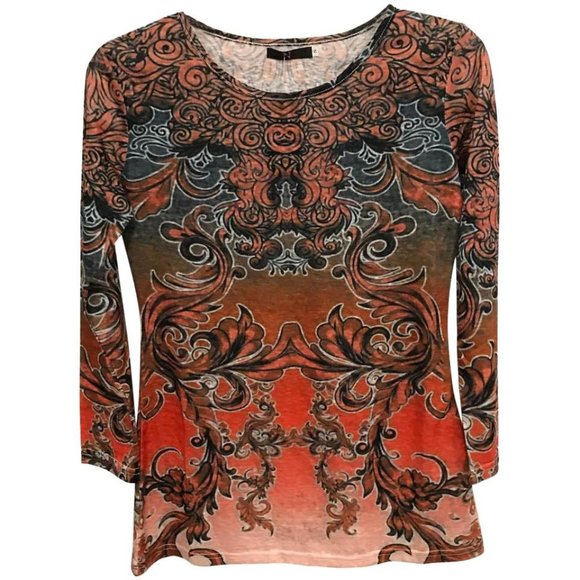 Womens Size Small N by Nancy Yang Multicolor Rococo Print Tee Shirt Top - Picture 1 of 3